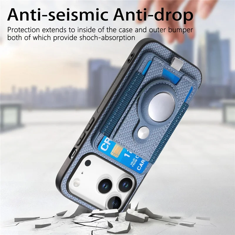 For iPhone 18 Pro Max / 17 Pro Max Case with AirTag Holder Detachable Card Slot Leather + TPU + PC Phone Cover - Blue