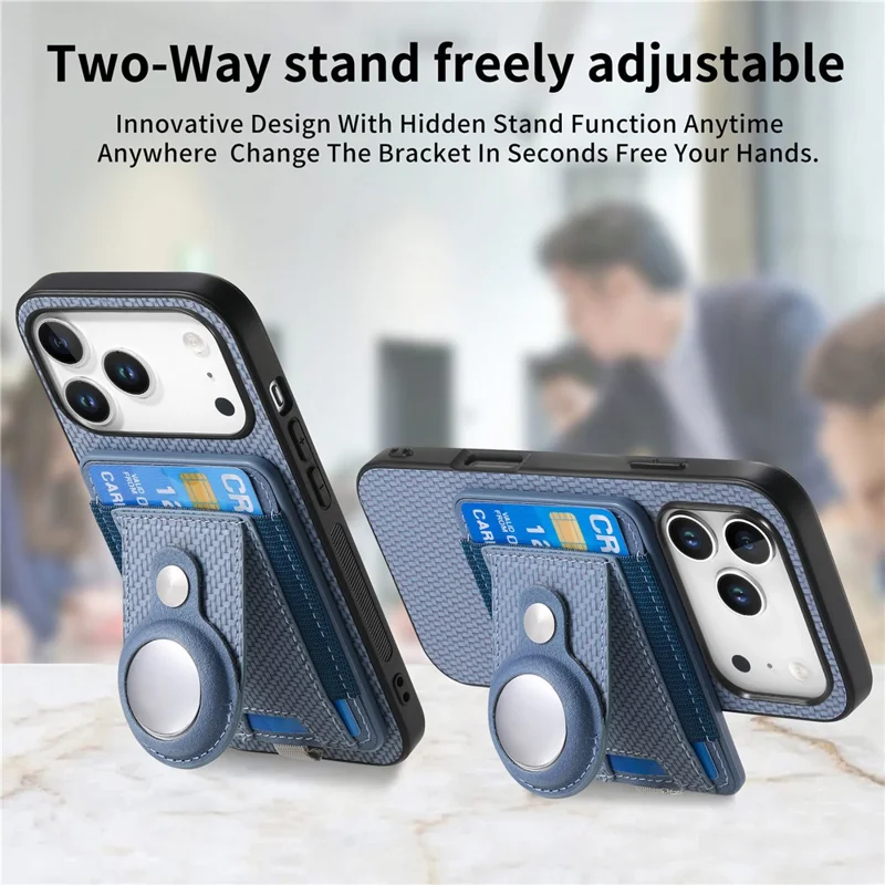 For iPhone 18 Pro Max / 17 Pro Max Case with AirTag Holder Detachable Card Slot Leather + TPU + PC Phone Cover - Blue