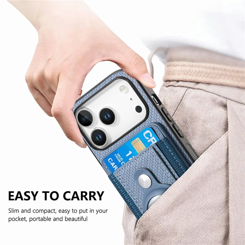 For iPhone 18 Pro Case with AirTag Holder Detachable Card Slot Leather + TPU + PC Phone Cover - Blue
