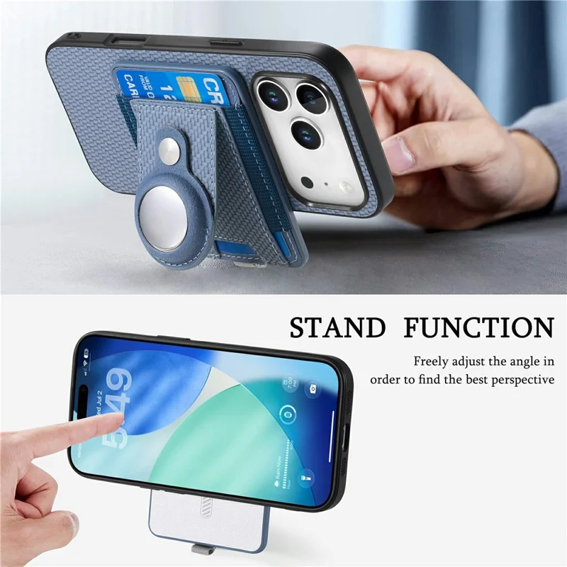 For iPhone 18 Pro Case with AirTag Holder Detachable Card Slot Leather + TPU + PC Phone Cover - Blue