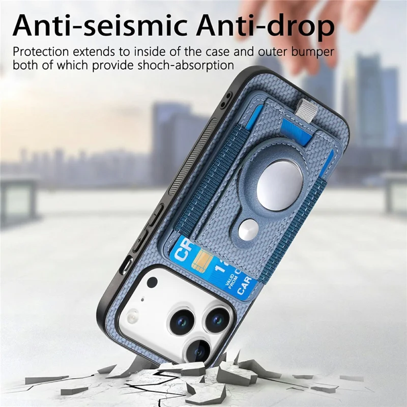 For iPhone 18 Pro Case with AirTag Holder Detachable Card Slot Leather + TPU + PC Phone Cover - Blue