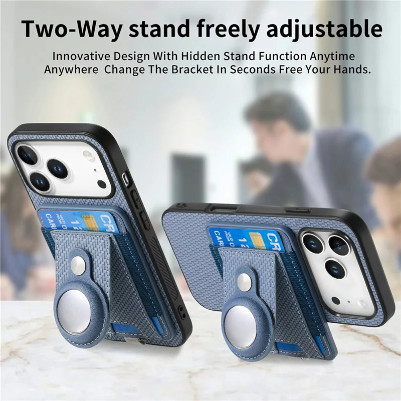 For iPhone 18 Pro Case with AirTag Holder Detachable Card Slot Leather + TPU + PC Phone Cover - Blue