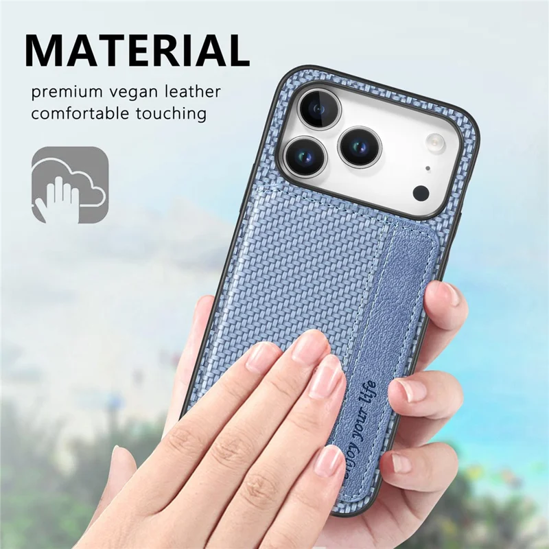 For iPhone 18 Pro Max / 17 Pro Max Case RFID Blocking Carbon Fiber Leather Phone Back Cover with Card Holder - Blue