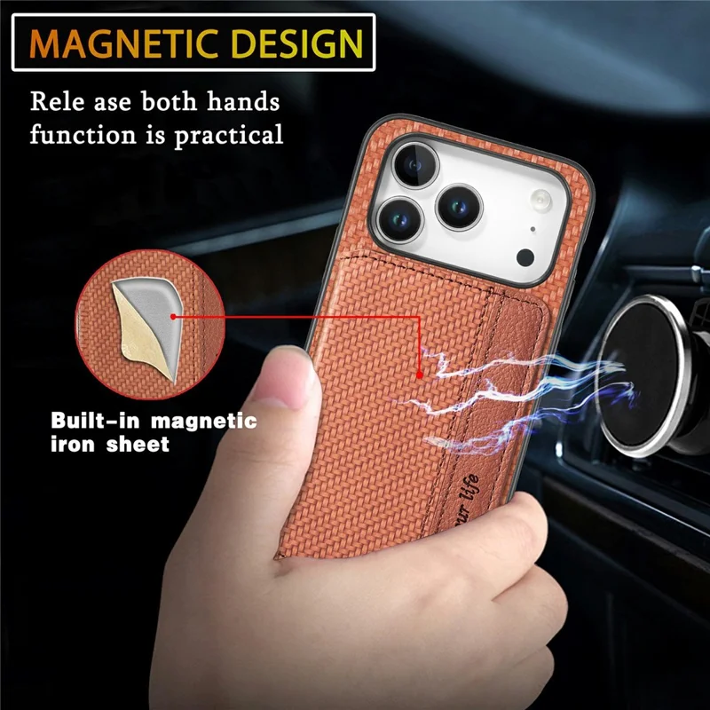 For iPhone 18 Pro / 17 Pro Case RFID Blocking Carbon Fiber Leather Phone Back Cover with Card Holder - Blue