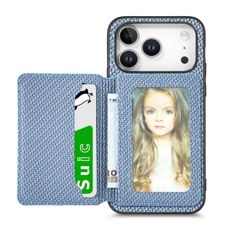 For iPhone 18 Pro / 17 Pro Case RFID Blocking Carbon Fiber Leather Phone Back Cover with Card Holder - Blue