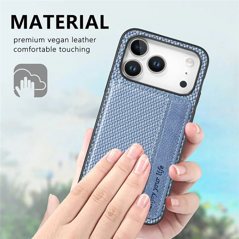For iPhone 18 Pro / 17 Pro Case RFID Blocking Carbon Fiber Leather Phone Back Cover with Card Holder - Blue