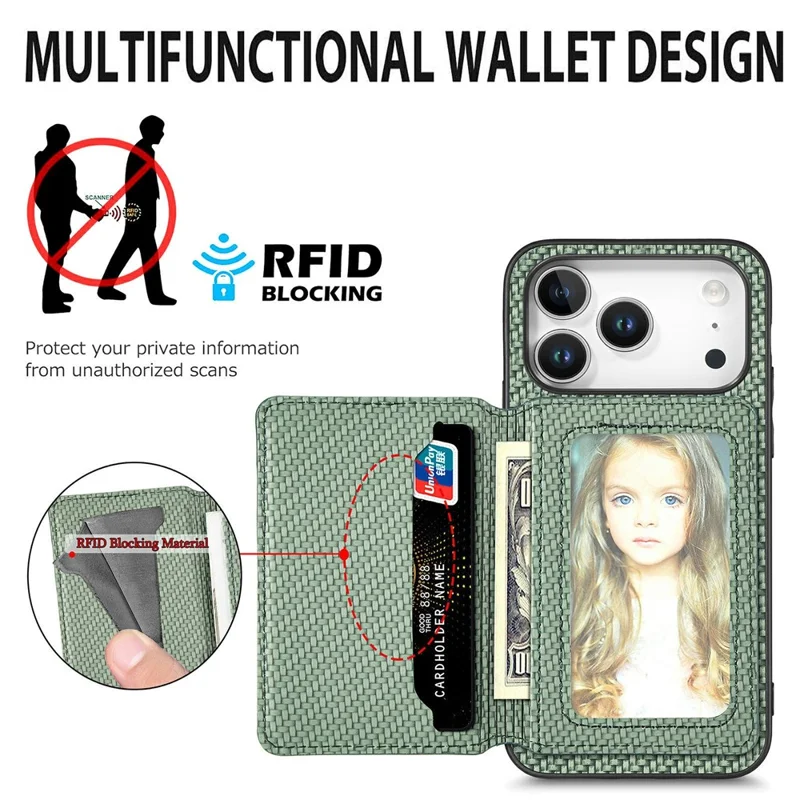 For iPhone 18 Pro / 17 Pro Case RFID Blocking Carbon Fiber Leather Phone Back Cover with Card Holder - Blue