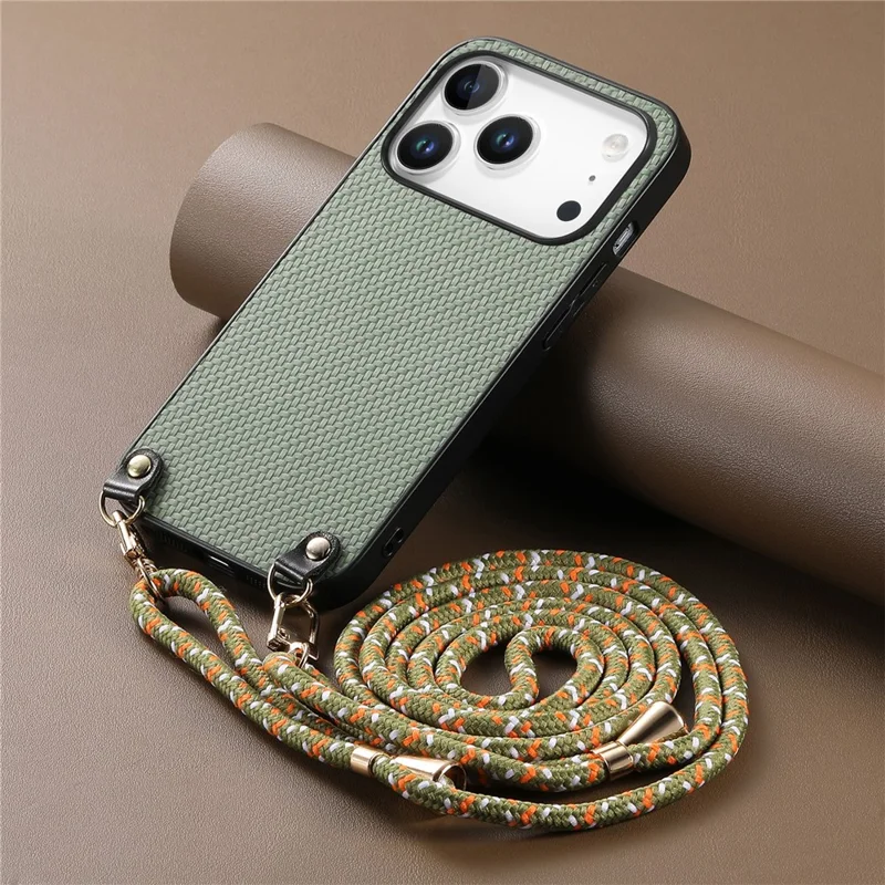 For iPhone 18 Pro Max Case Carbon Fiber Texture Hybrid Phone Back Cover with Adjustable Strap - Green