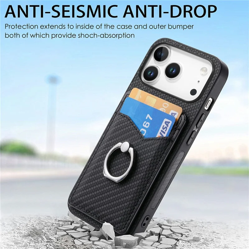 For iPhone 18 Pro Max Case PU Leather Coated PC+TPU Phone Cover with Ring Holder Card Slots - Black