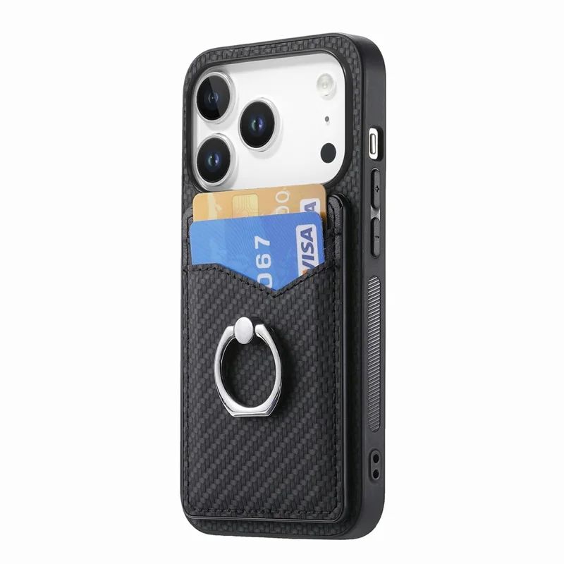 For iPhone 18 Pro Max Case PU Leather Coated PC+TPU Phone Cover with Ring Holder Card Slots - Black