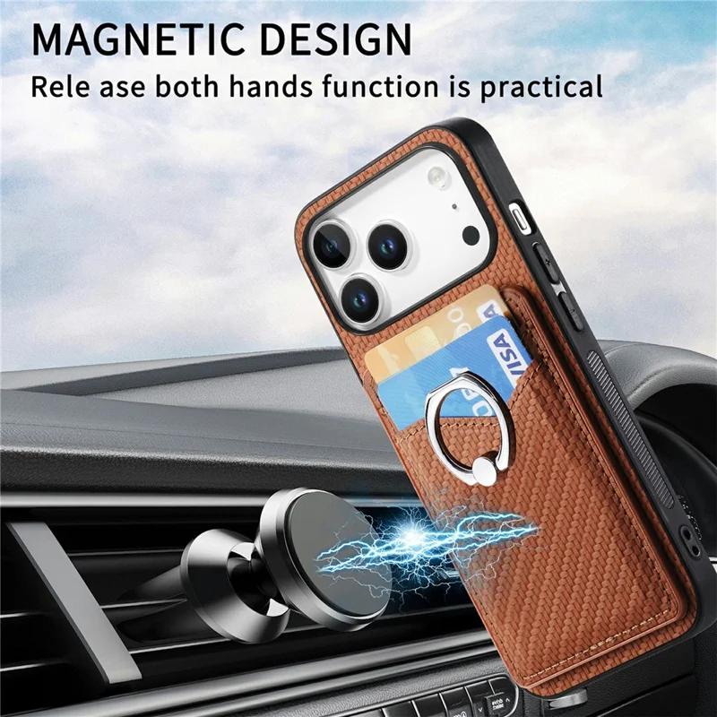 For iPhone 18 Pro Max Case PU Leather Coated PC+TPU Phone Cover with Ring Holder Card Slots - Black