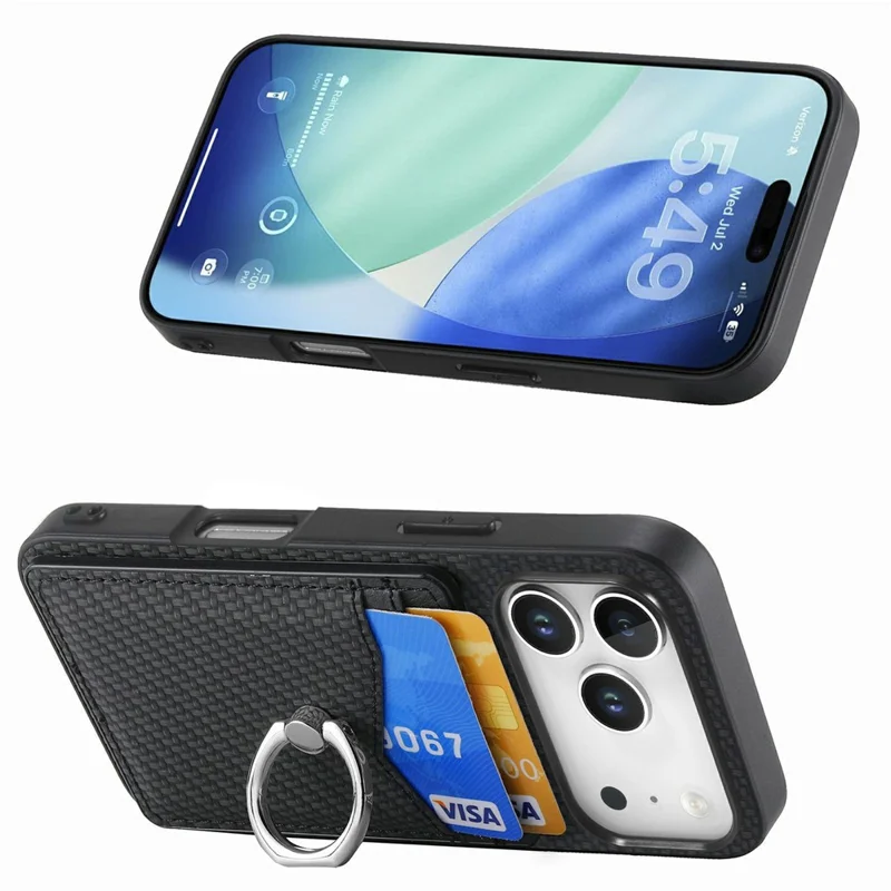 For iPhone 18 Pro Case PU Leather Coated PC+TPU Phone Cover with Ring Holder Card Slots - Black