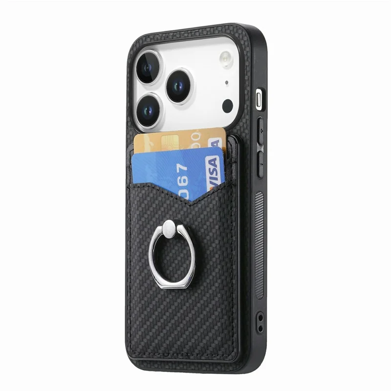 For iPhone 18 Pro Case PU Leather Coated PC+TPU Phone Cover with Ring Holder Card Slots - Black