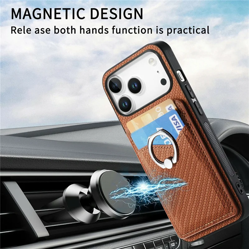 For iPhone 18 Pro Case PU Leather Coated PC+TPU Phone Cover with Ring Holder Card Slots - Black