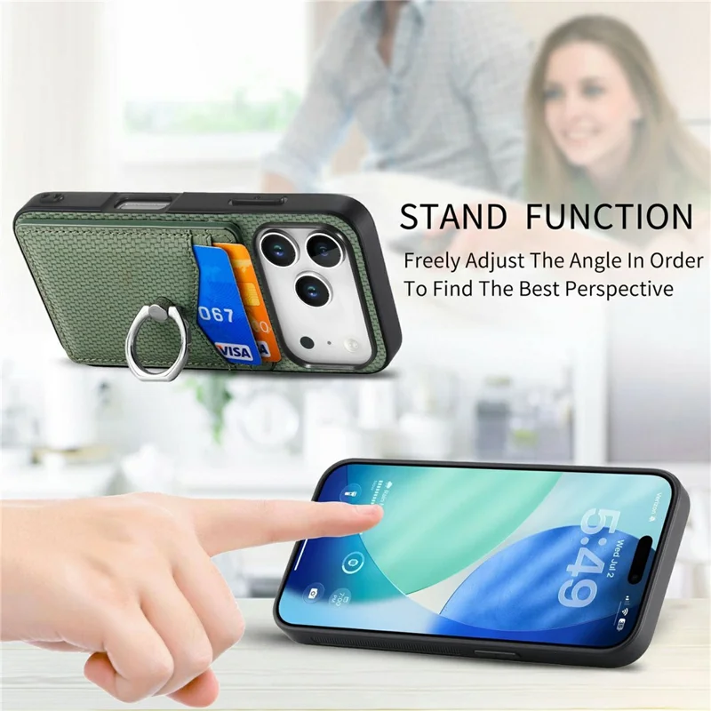 For iPhone 18 Pro Case PU Leather Coated PC+TPU Phone Cover with Ring Holder Card Slots - Black