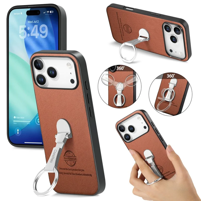 CASENEO BW-12 for iPhone 18 Pro Max / 17 Pro Max Case Folding Kickstand Twill Texture Leather Back Cover - Brown