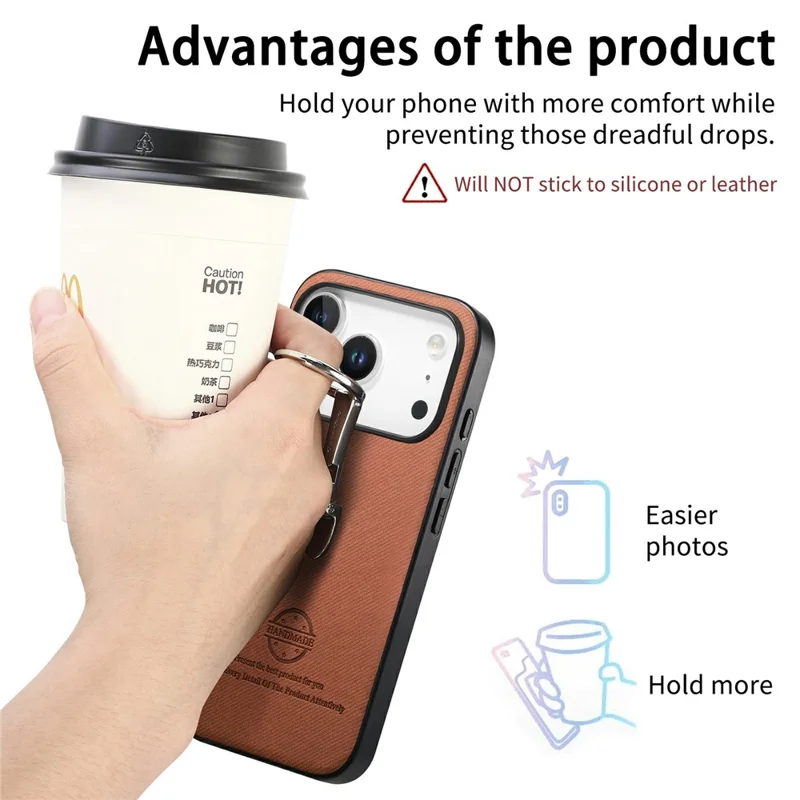 CASENEO BW-12 für iPhone 18 Pro Hülle mit Klappständer, Gewebestruktur, Lederrückseite - Braun
