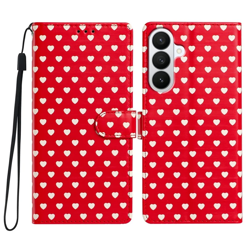 For Samsung Galaxy S26+ Case Heart Pattern PU Leather Flip Wallet Stand Phone Cover with Wrist Strap - Red