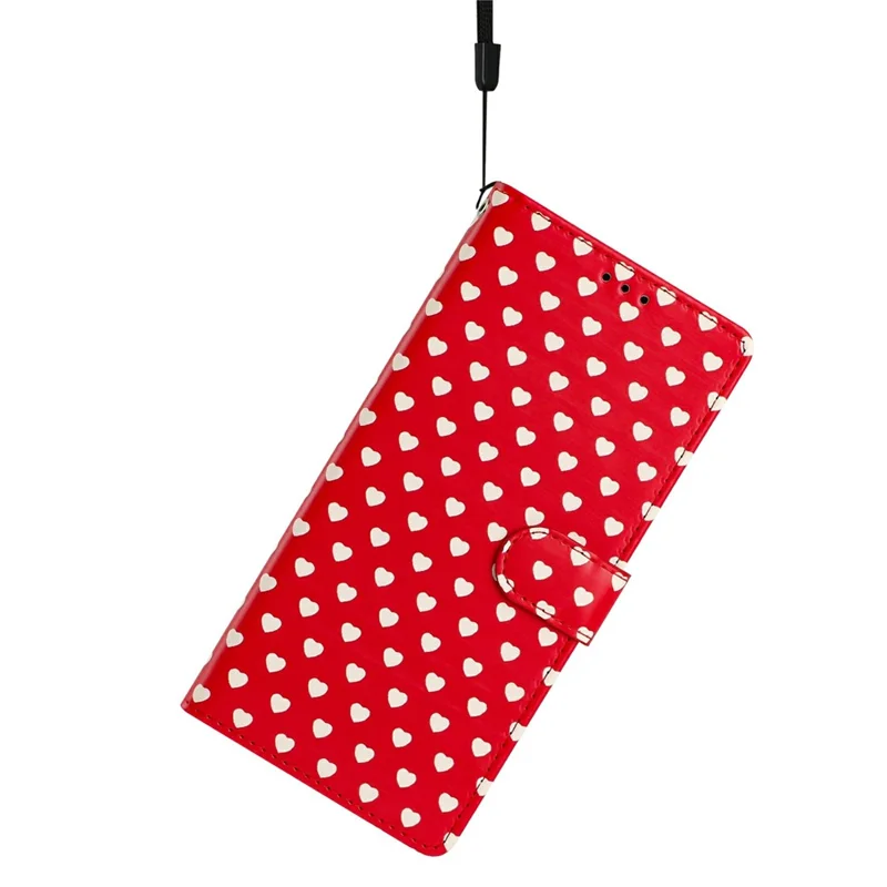 For Samsung Galaxy S26+ Case Heart Pattern PU Leather Flip Wallet Stand Phone Cover with Wrist Strap - Red