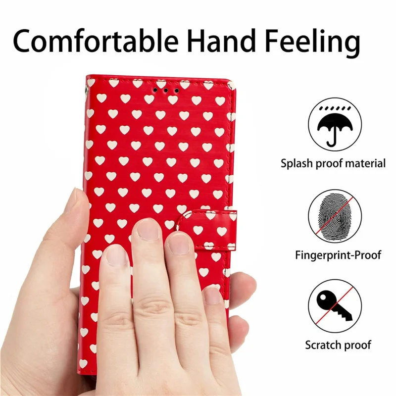 For Samsung Galaxy S26+ Case Heart Pattern PU Leather Flip Wallet Stand Phone Cover with Wrist Strap - Red