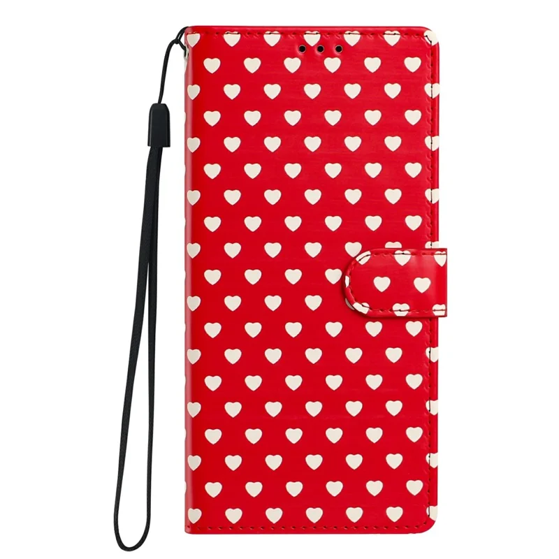 For Samsung Galaxy S26+ Case Heart Pattern PU Leather Flip Wallet Stand Phone Cover with Wrist Strap - Red