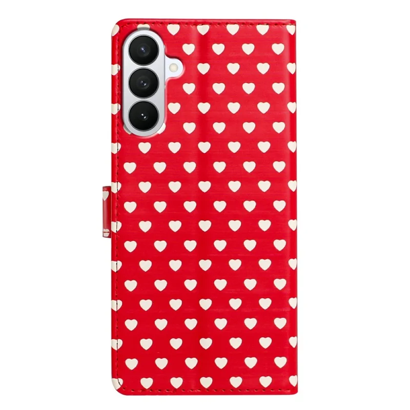 For Samsung Galaxy S26+ Case Heart Pattern PU Leather Flip Wallet Stand Phone Cover with Wrist Strap - Red
