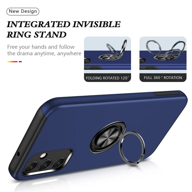 Pour Samsung Galaxy A14 5G / A14 4G Rotation Ring Kickstand Case Hard PC+Soft TPU Dual Layer Protection Phone Cover - Bleu