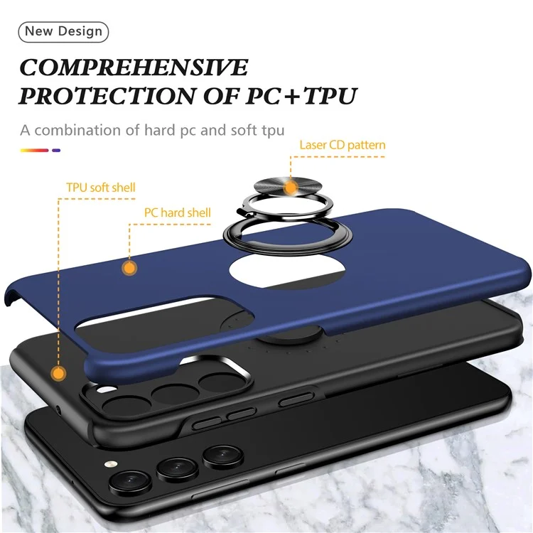 Pour Samsung Galaxy S23 Rotation Ring Kickstand Shockproof Case Hard PC+Soft TPU Dual Layer Protection Phone Cover - Bleu