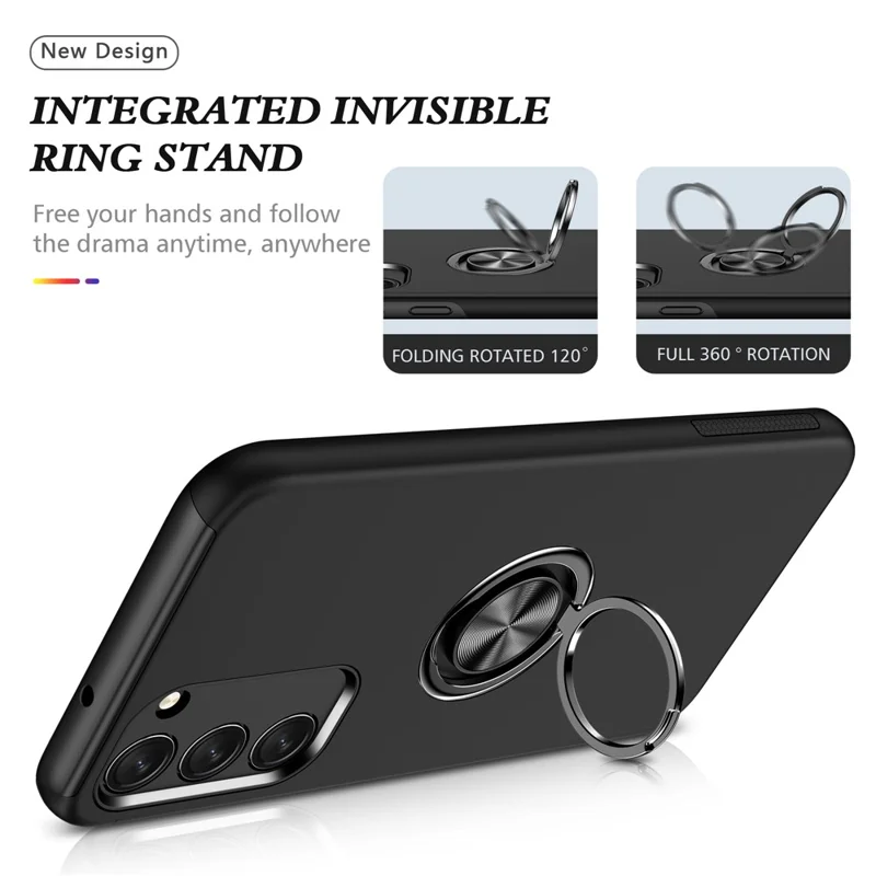For Samsung Galaxy S23 Rotation Ring Kickstand Shockproof Case Hard PC+Soft TPU Dual Layer Protection Phone Cover - Black