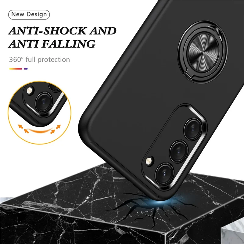 For Samsung Galaxy S23 Rotation Ring Kickstand Shockproof Case Hard PC+Soft TPU Dual Layer Protection Phone Cover - Black