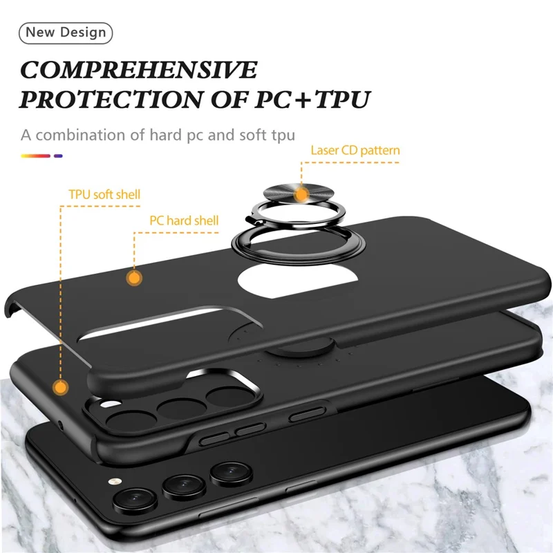 For Samsung Galaxy S23 Rotation Ring Kickstand Shockproof Case Hard PC+Soft TPU Dual Layer Protection Phone Cover - Black