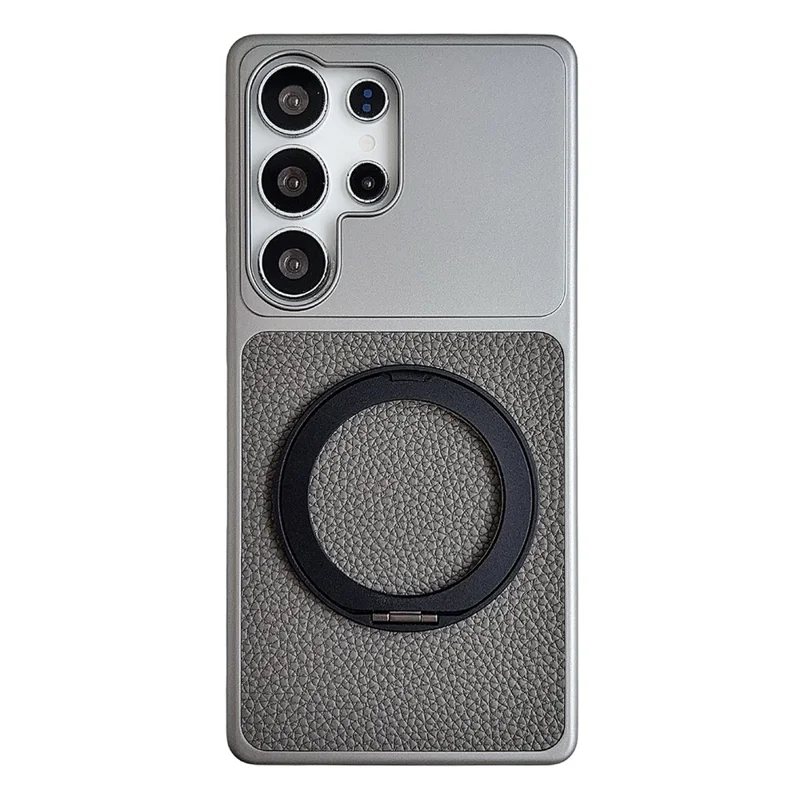 For Samsung Galaxy S26 Ultra Case Rotating Magnetic Kickstand Litchi Texture Leather Coated PC + TPU Phone Cover - Matte Grey