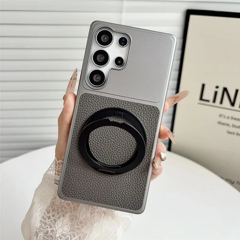 For Samsung Galaxy S26 Ultra Case Rotating Magnetic Kickstand Litchi Texture Leather Coated PC + TPU Phone Cover - Matte Grey