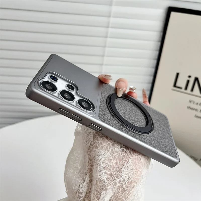 For Samsung Galaxy S26 Ultra Case Rotating Magnetic Kickstand Litchi Texture Leather Coated PC + TPU Phone Cover - Matte Grey