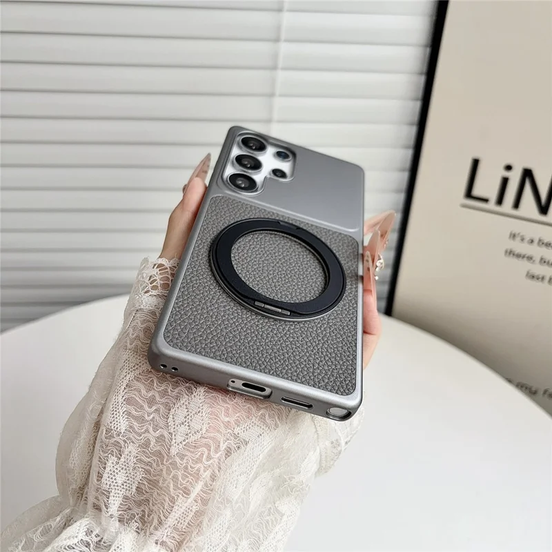 For Samsung Galaxy S26 Ultra Case Rotating Magnetic Kickstand Litchi Texture Leather Coated PC + TPU Phone Cover - Matte Grey