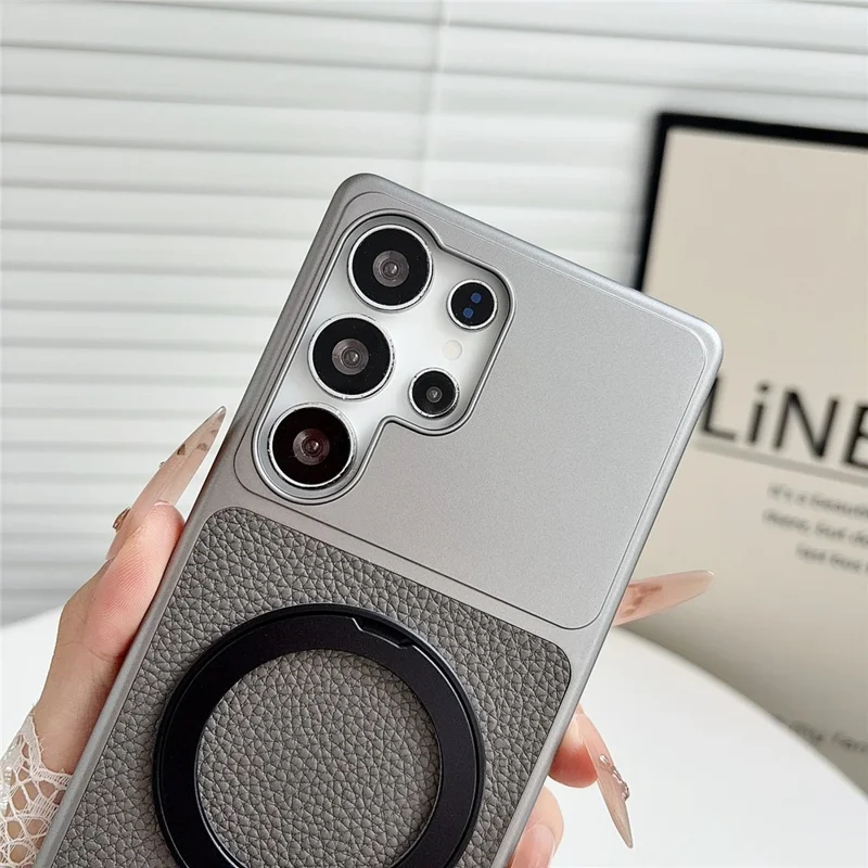 For Samsung Galaxy S26 Ultra Case Rotating Magnetic Kickstand Litchi Texture Leather Coated PC + TPU Phone Cover - Matte Grey