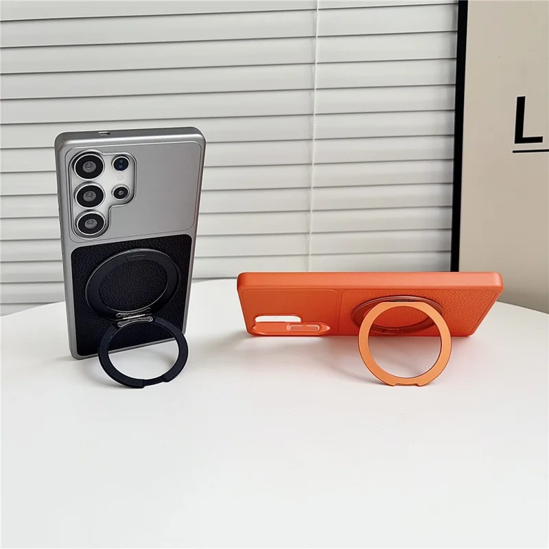 For Samsung Galaxy S26 Ultra Case Rotating Magnetic Kickstand Litchi Texture Leather Coated PC + TPU Phone Cover - Matte Grey