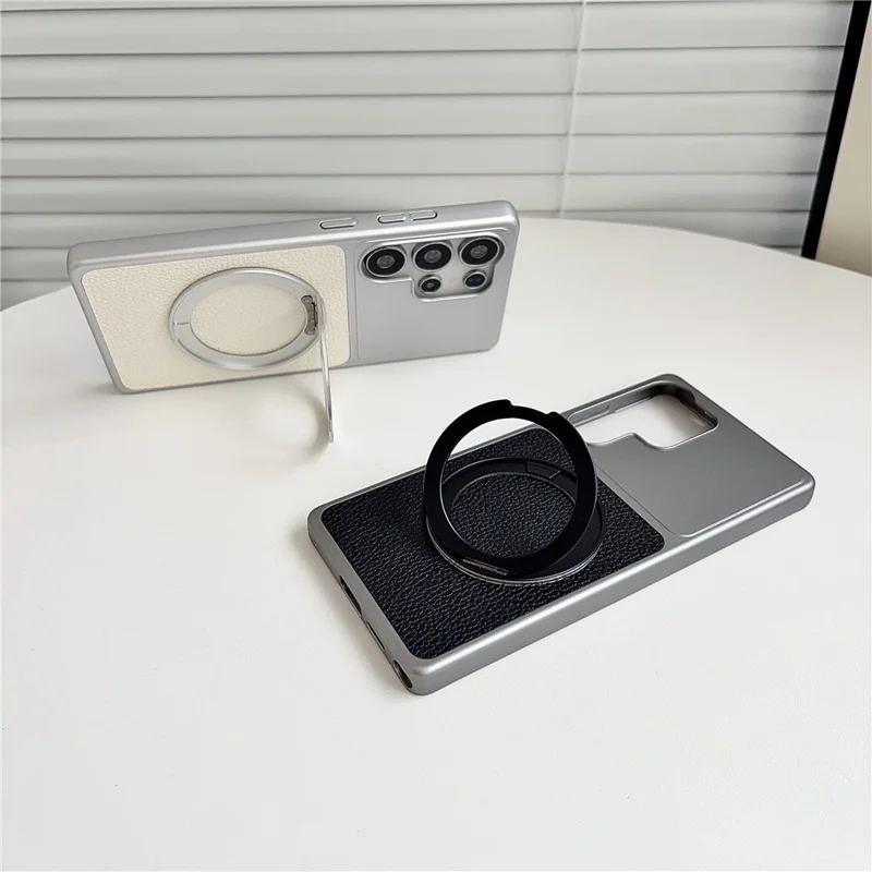 For Samsung Galaxy S26 Ultra Case Rotating Magnetic Kickstand Litchi Texture Leather Coated PC + TPU Phone Cover - Matte Grey
