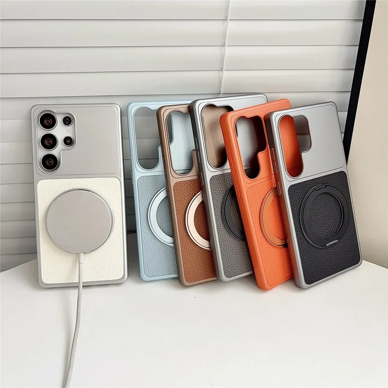 For Samsung Galaxy S26 Ultra Case Rotating Magnetic Kickstand Litchi Texture Leather Coated PC + TPU Phone Cover - Matte Grey