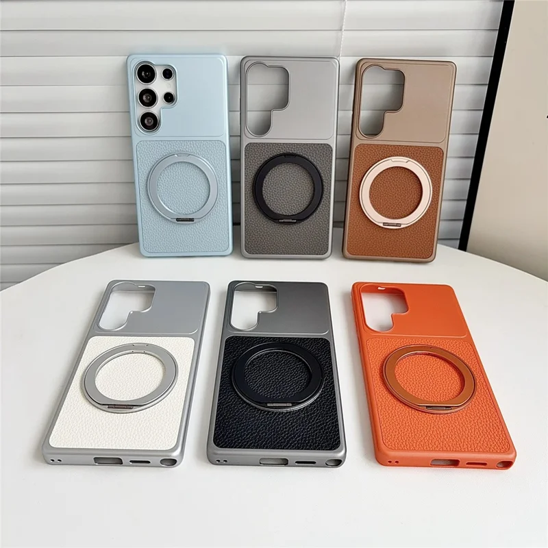 For Samsung Galaxy S26 Ultra Case Rotating Magnetic Kickstand Litchi Texture Leather Coated PC + TPU Phone Cover - Matte Grey