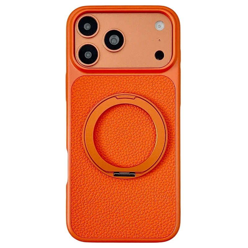Für iPhone 17 Pro Max Hülle, rotierender magnetischer Ständer, Lederhülle mit Litschitextur, PC + TPU-Handyhülle - Orange