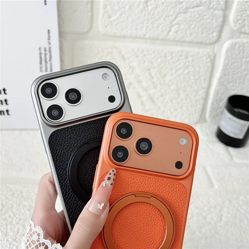 Für iPhone 17 Pro Max Hülle, rotierender magnetischer Ständer, Lederhülle mit Litschitextur, PC + TPU-Handyhülle - Orange