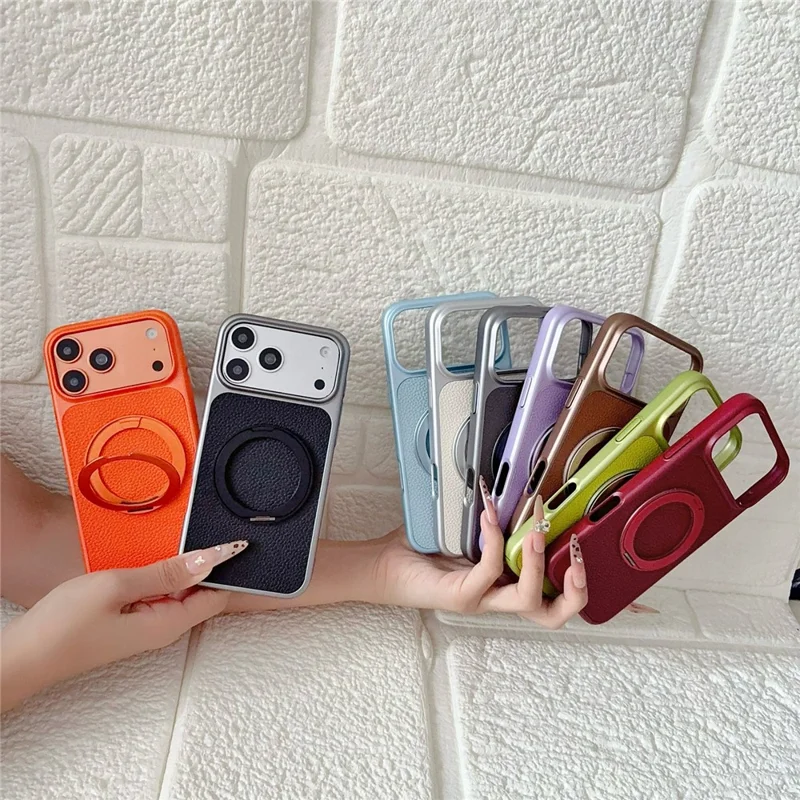 Für iPhone 17 Pro Max Hülle, rotierender magnetischer Ständer, Lederhülle mit Litschitextur, PC + TPU-Handyhülle - Orange