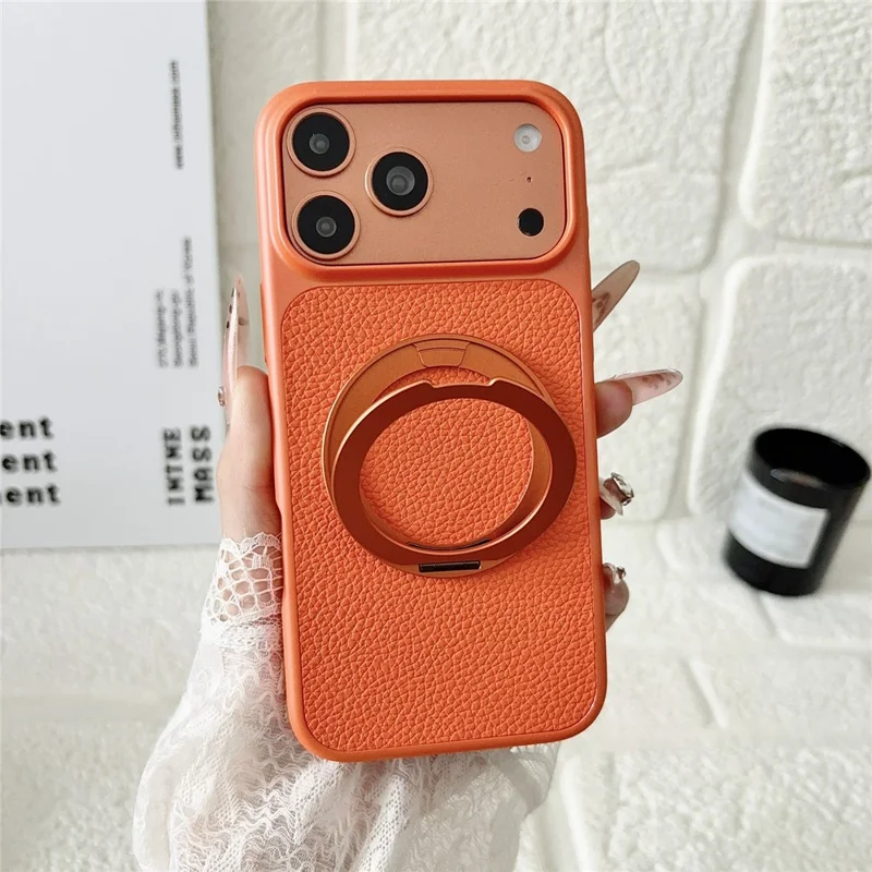 Für iPhone 17 Pro Max Hülle, rotierender magnetischer Ständer, Lederhülle mit Litschitextur, PC + TPU-Handyhülle - Orange