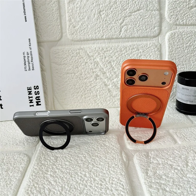 Für iPhone 17 Pro Max Hülle, rotierender magnetischer Ständer, Lederhülle mit Litschitextur, PC + TPU-Handyhülle - Orange