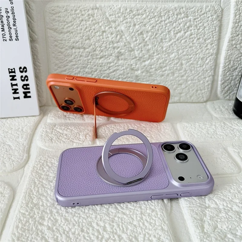 Für iPhone 17 Pro Max Hülle, rotierender magnetischer Ständer, Lederhülle mit Litschitextur, PC + TPU-Handyhülle - Orange