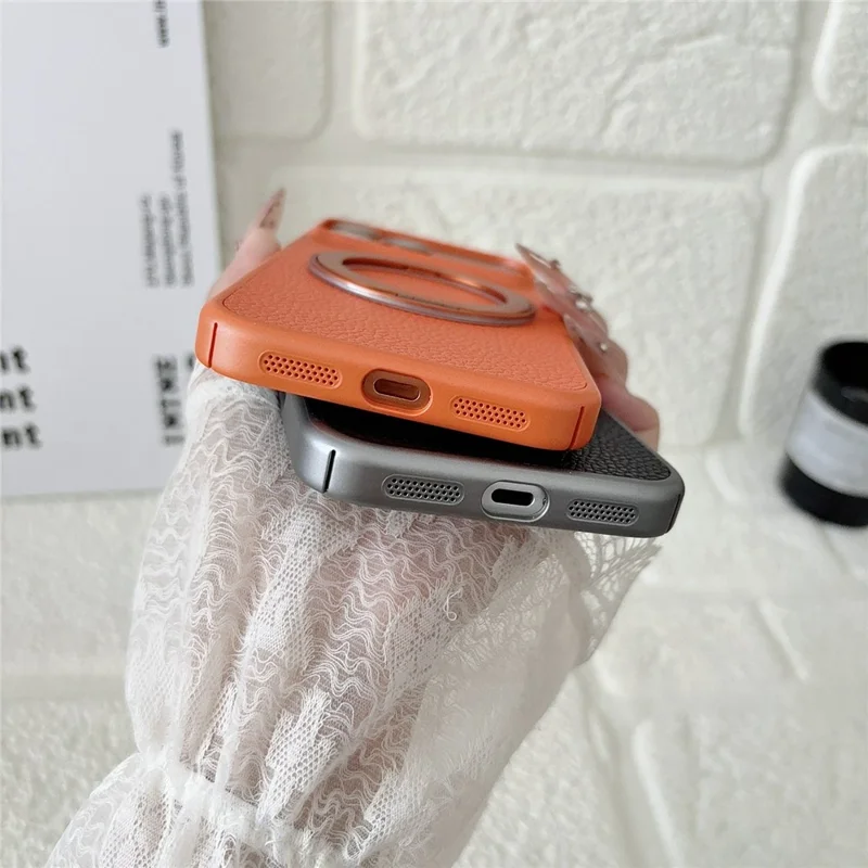 Für iPhone 17 Pro Max Hülle, rotierender magnetischer Ständer, Lederhülle mit Litschitextur, PC + TPU-Handyhülle - Orange