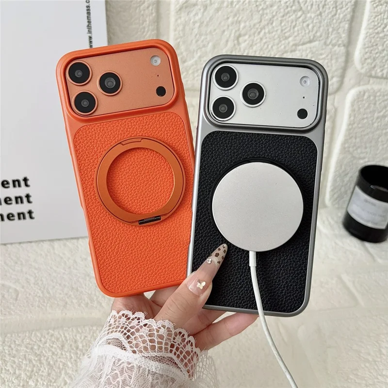 Für iPhone 17 Pro Max Hülle, rotierender magnetischer Ständer, Lederhülle mit Litschitextur, PC + TPU-Handyhülle - Orange