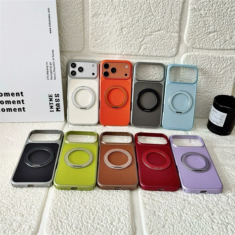 Für iPhone 17 Pro Hülle, drehbarer magnetischer Ständer, Lederhülle mit Litschitextur, PC + TPU-Handyhülle - Orange