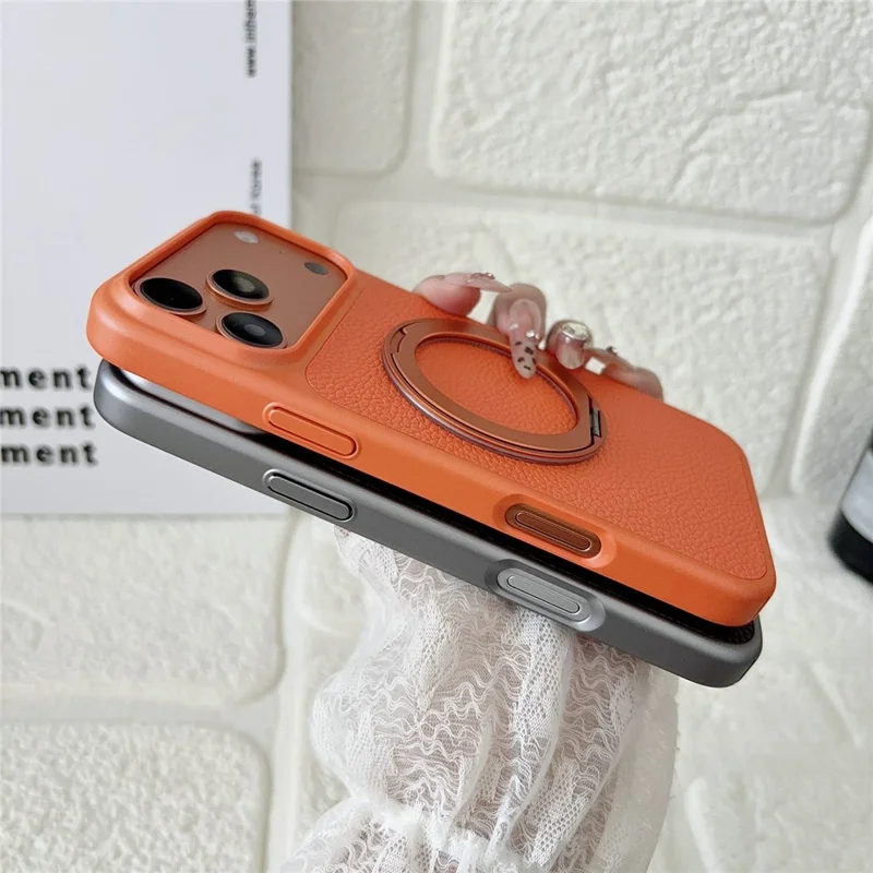 Für iPhone 17 Pro Hülle, drehbarer magnetischer Ständer, Lederhülle mit Litschitextur, PC + TPU-Handyhülle - Orange